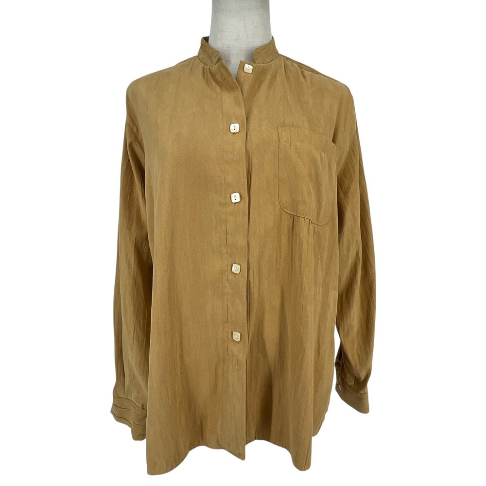 JH Collectibles Womens Medium Tan Mandarin Collar Button Up Blouse Long Sleeve‎